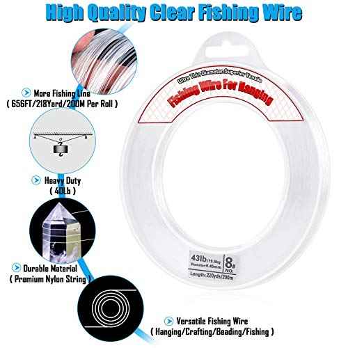 Clear Fishing Wire, Acejoz 656FT Fishing Line Clear Invisible Hanging Wire Strong Nylon String Supports 40 Pounds for Balloon Garland Hanging Decorations