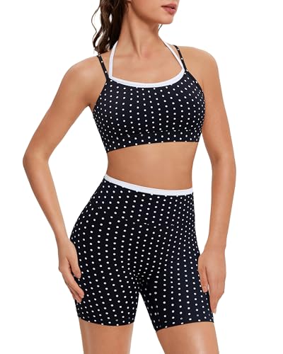 OMKAGI Women's Workout Sets Polka Dot Black White 4.5-Inch Shorts & Sports Bra