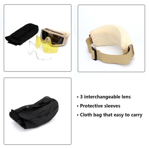 SPOSUNE Airsoft Goggles Anti Fog Army Tactical Goggles with 3 Interchangeable Lens UV400 Protection Over Glasses Airsoft Eye Protection Desert Goggles