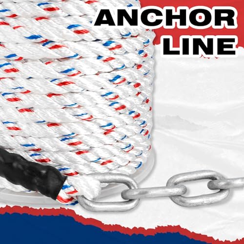 3/8 Inch x 100 Ft Nylon Anchor Line with 1/4 Inch Galvanized Chain - Marine Rope