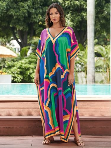 One Size Women's Moroccan Print V-Neck Batwing Kaftan Beach Dress Cover Up - IMAGEKOPE