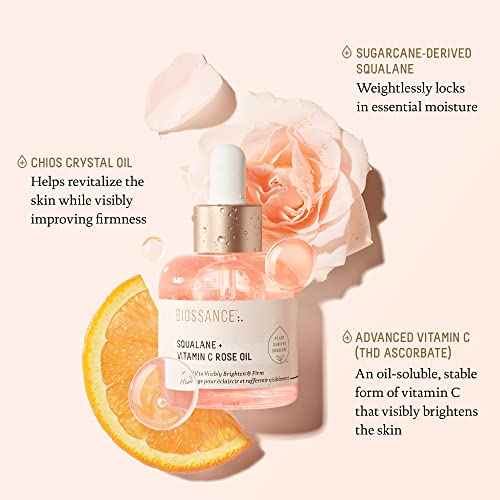 BIOSSANCE Squalane + Vitamin C Rose Advanced Facial Oil - Brightening, Firming, and Hydrating Serum for All Skin Types - Chios Crystal Oil, Damascus Rose Extract & Squalane for Radiance