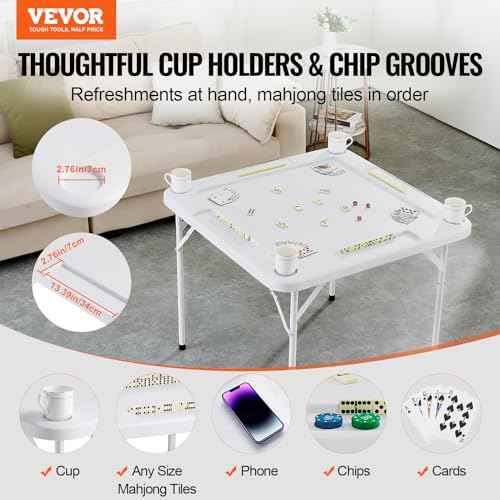 VEVOR Mahjong Table, Square 4 Player Folding Card Table with 4 Cup Holders & 4 Chip Trays, Portable Domino Game Table with 1 Set of Dominoes for Mahjong Poke Puzzles, 35.4 x 35.4-inch, Black