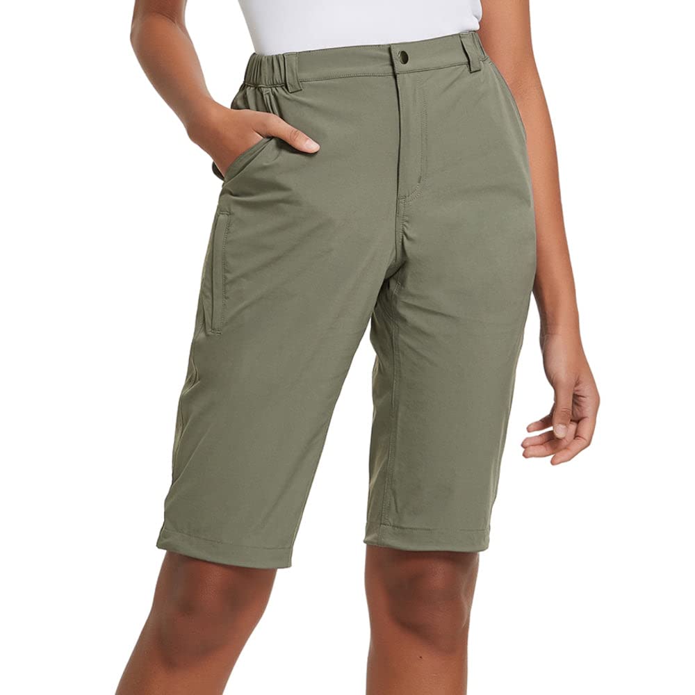 baleaf Women's Hiking Shorts Bermuda Long Knee Length Quick Dry Stretch Elastic Waist for Camping, Travel Sage Green Size S