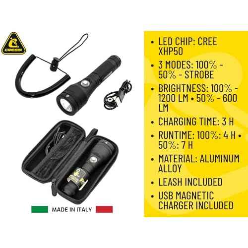 Cressi Underwater Torch for Brightening and Enhancing Underwater Views- Durable and Lightweight, Astra, Black, 1200 lm