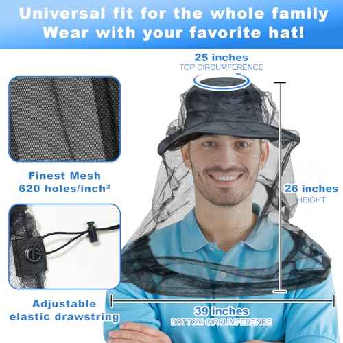 South to East Premium Mosquito Head Net for Insect, 4 Pack, Fly & Bug Protection | Ultra Large & Long, Extra Fine Holes for Camping, Hiking, Fishing, Gardening, Safari, Fits All Hats for Men & Women