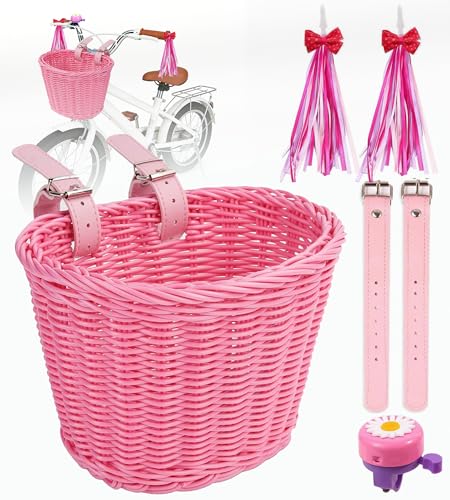 Kids Bike Basket Set with Pink Tassels, Bell & Ribbons - Bicycle Decorations for Boys & Girls