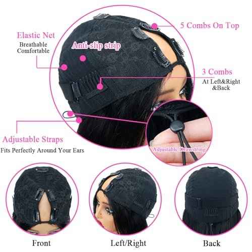 180% Density V Part Wig Human Hair with Drawstring Straight Brazilian Virgin Glueless Wig Human Hair for Black Women Upgrade U Part Wigs Full Head Clip In Half Wig No Leave Out Natural Color 8 Inch