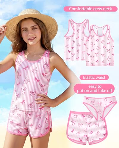 Girls Tankini Swimsuit 3 Piece Bathing Suit Set Pink White Striped Bow Summer UPF 50+ Racerback