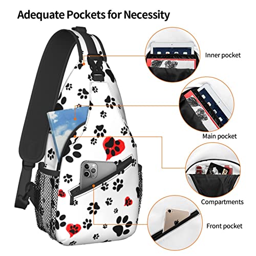 Dog Paws Print Crossbody Sling Bag for Men Women Black Lightweight Small Daypack