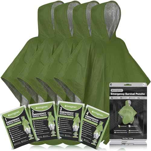 aZengear Emergency Survival Poncho (4pc) Thermal Mylar Foil Blanket for Heat Retention and Rain | Reversible with Hood | Waterproof, Windproof, Portable, Hands-Free, Outdoor Kit (Green)