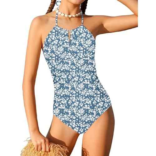 Girls One Piece Swimsuits Modest Padded Girls Bathing Suit Adjustable Straps Solid Full Coverage Swimwear Kids 9-16