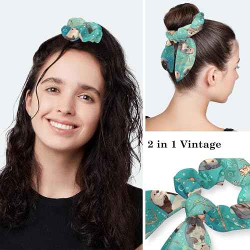 Scrub Caps Women, Adjustable Surgical Caps with Ponytail Pouch, Working Cap with Bow Hair Scrunchy, Bouffant Hat with Buttons, Otter Ocean Animal Cartoon Cute Turquoise