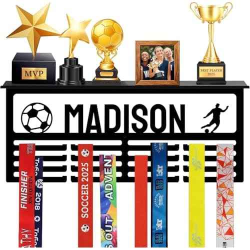 Personalized Medal Hanger Display with Trophy Shelf, Custom Medal Holder with Name and Sports, Baseball, Dance, Football, Gymnastics, Karate, Running, Soccer