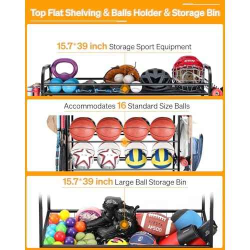 Garage Sports Equipment Organizer - Rolling Ball Storage Bin with Wheels, Garage Sports Gear Rack Outdoor Basketball Racks for Balls with Baseball Bat Holder and Hooks, Toy Organizer
