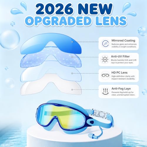 Kids Swimming Goggles Set 3 Pack with Earplugs Anti-Fog UV Wide View - Green, Blue, Purple SG003