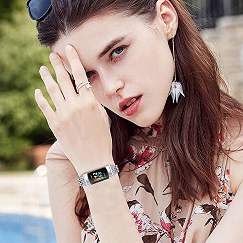 Silver Rhinestone Metal Bracelet Compatible with Fitbit Charge 6/5 - Luxurious Women's Wristband