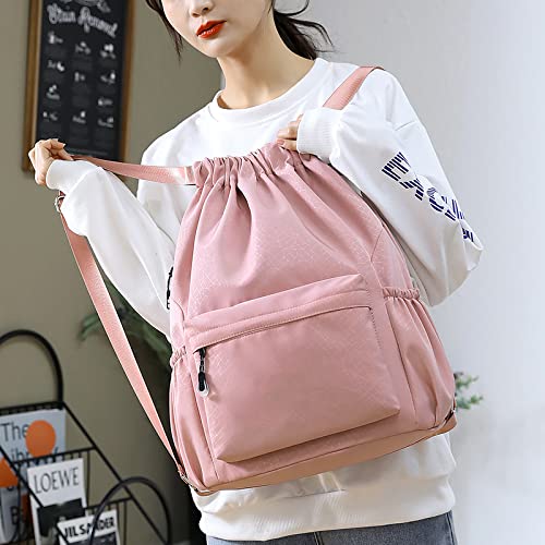 Pink Drawstring Backpack Sports Gym Bag Water Resistant Cinch Sack with Side Zipper Pocket