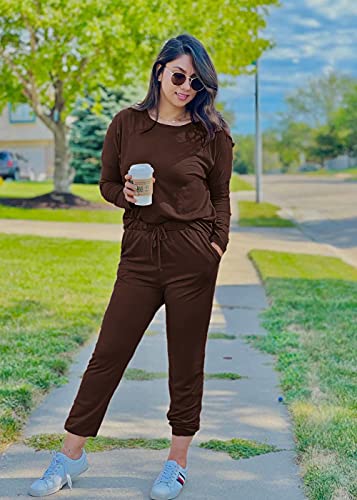 PRETTYGARDEN Airport Travel Outfit Women Fall 2 Piece Matching Lounge Sets Brown Large