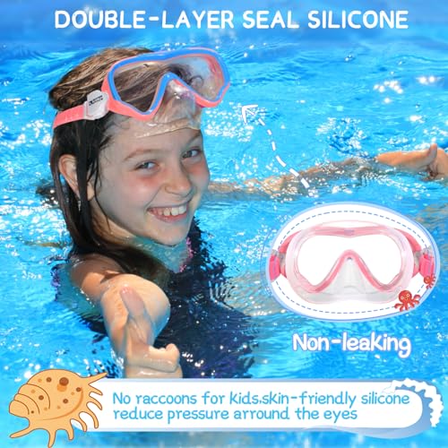 Kids Swim Goggles with Nose Cover - Anti-Shatter, No-Leak, 3-15 Years, Pink & Blue 2-Pack