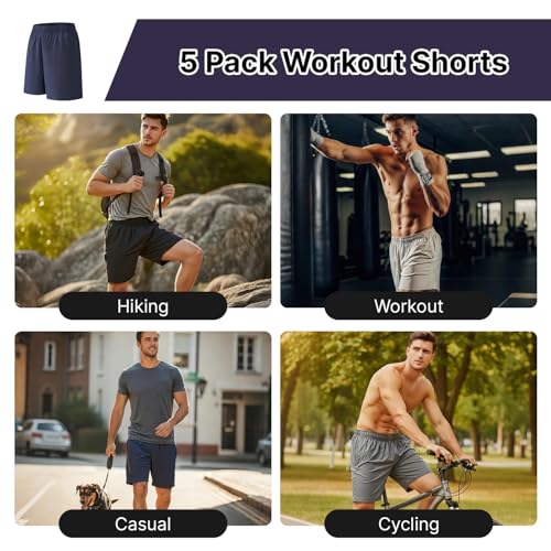 Men's Athletic Shorts 5 Pack - Large, Black & Blue, Gray, Quick Dry Workout & Running Shorts for Men