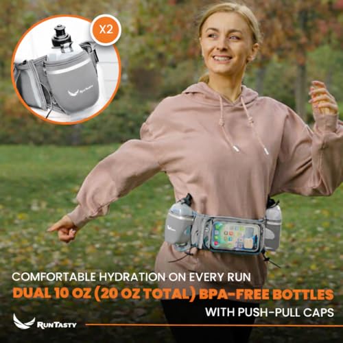 No.1 Hydration Belt by Runtasty - Premium Running Fuel Belt with 2 BPA-Free 10 oz Water Bottles, Touchscreen Pocket, No-Bounce Design - Platinum Gray