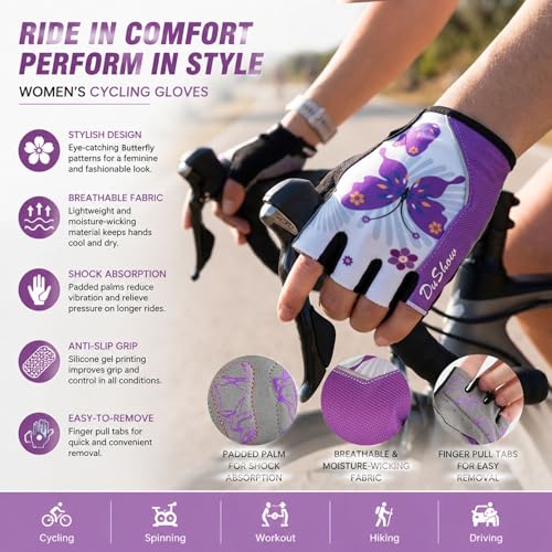 Purple Butterfly Women's Half Finger Cycling Gloves - Anti-Slip Shock Absorbing Pad