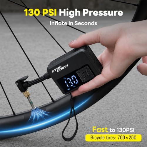 Mini Electric Bike Pump with Digital Pressure Gauge, 130 PSI, USB-C Rechargeable