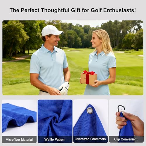 Golf Towel Set with Carabiner Clips - 3 Pack Microfiber Towels, 16x16 Inches, Black Red Blue
