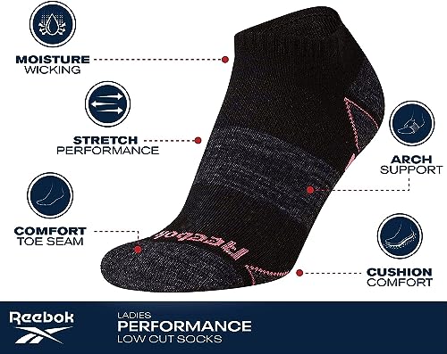 Reebok Womens No Show Socks 6 Pack Black - Moisture Wicking Cushioned Low Cut