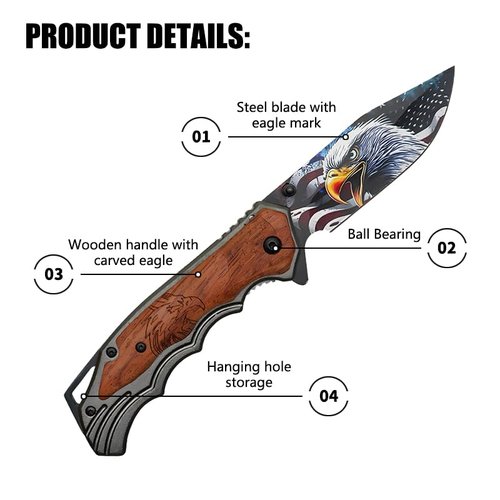 Eagle Wood Pocket Knife - Tactical Folding Knife with 3.5" Steel Blade featuring Eagle Print - Overall Length 8.25" - 440 Stainless Steel - Ideal EDC Gear