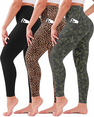 High Waisted Tummy Control Yoga Leggings with Pockets - Full Length 2 Pocket Black+Leopard+Camo