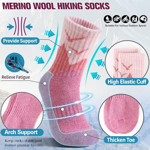 Women's Merino Wool Hiking Socks - Thermal Winter Boot Crew Cushion - Medium, Dark Coffee, Dark Green, Dark Gray, Pink, Blue