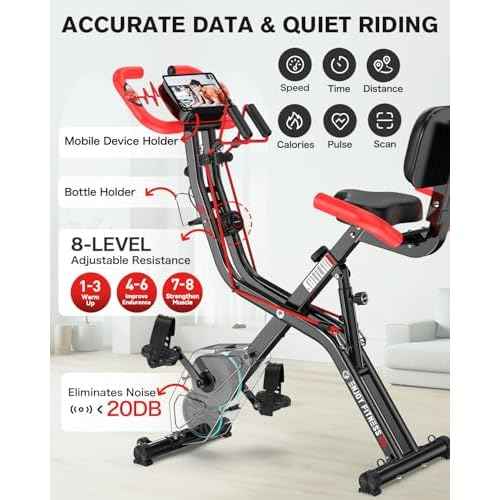 pooboo Folding Exercise Bike, Foldable Upright Stationary Bike, Indoor Cycling Magnetic X-Bike with 8-Level Adjustable Resistance, 6.6 LBS Flywheel, 300LB Capacity, Bottle Holder & Back Support Cushion for Home Gym