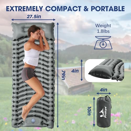 Ultralight Camping Sleeping Pad with Pillow & Built-in Foot Pump - Grey