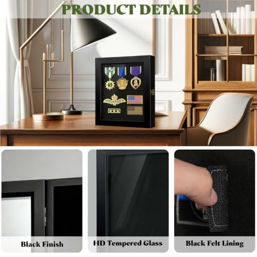 8 x 10 Solid Wood Lapel Pin Display Case with UV Protected Glass for Military Medals & Badges