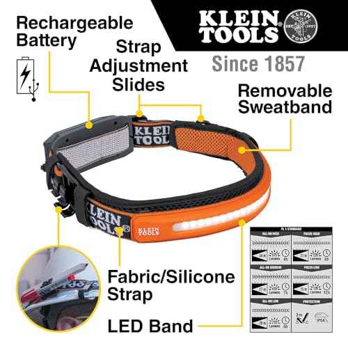 Klein Tools 56308 Rechargeable Headlamp with Strap, 575 Lumens, Wide-Beam LED, All-On or Direct Focus Modes, for Work and Outdoors