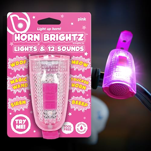 Pink LED Bike Horn with 12 Sound Effects & Color Changing Lights - Handlebar Mount, Weather Resistant