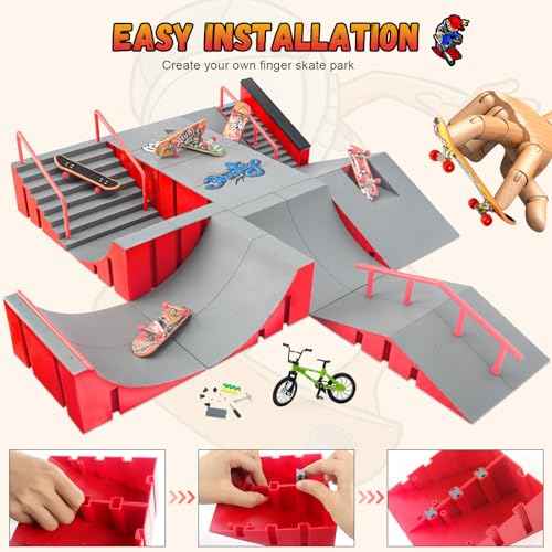 Finger Skateboard Park Kits,14-in-1 Bigger Finger Skateboard Ramp Set with 14 Ramps,8 Fingerboards,1 Finger Bike, Skate Park Kit,Fingerboard Skatepark Half Pipe Toys Gifts for Ages 3+