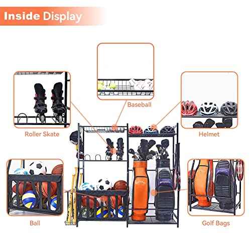WALMANN Garage Sports Equipment Organizer, Golf Bag Stand for Garage Ball Storage Rack Indoor/Outdoor Kids Toys Storage Organizer Bins, Ball Holder with Baskets
