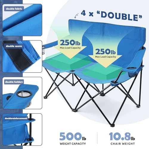 Double Seat Folding Camping Chair - Portable Outdoor Lounge for 2 with Storage Bag