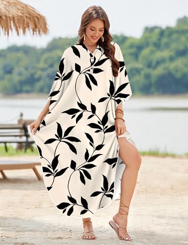 Women Kaftan Dress Maxi Cover-Up for Beach and Summer - Black White Leaves, Large-XX-Large