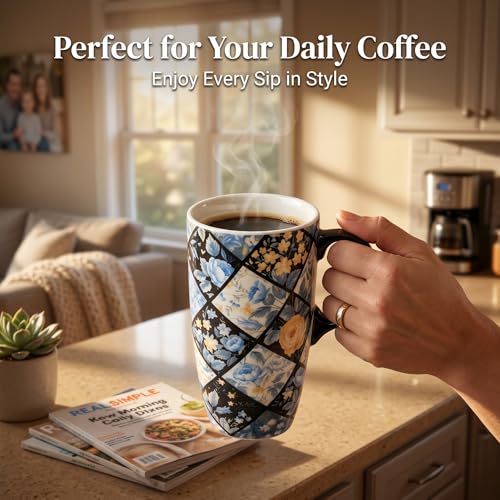 Travel Mug 17oz Diamond Floral Ceramic Coffee Cup with Blue Rose Design - Geometric Floral Variation