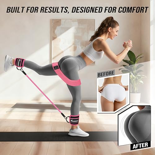 Pink Ankle Resistance Bands Set with Cuffs & Booty Bands for Legs & Glutes