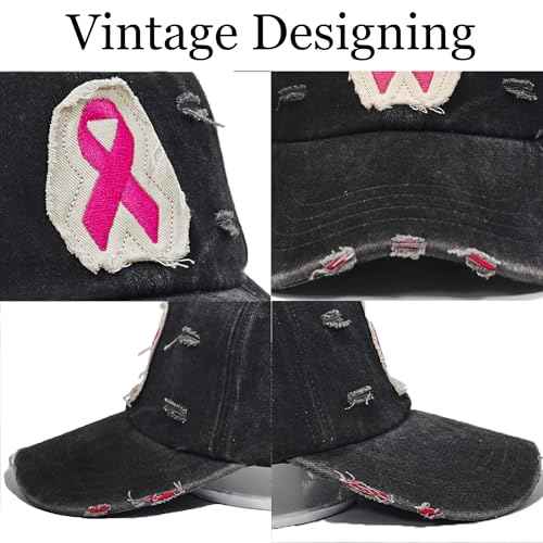 Breast Cancer Awareness Hat Pink Ribbon Patch Distressed Cotton Adjustable Baseball Cap, Breast Cancer Gift for Women