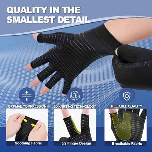 DRNAIETY 2 Pairs Copper Arthritis Compression Gloves for Women and Men, for Arthritis Hand Pain, Anti-Slip, Fingerless, Comfortable for Work, Kept in Motion (Medium)