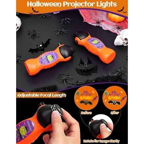 2 Pcs Halloween Flashlight Projector Lights for Kids, 24 Different Pattern Pumpkin Ghost Theme Images Projector Light Torch Flashlight Toys Bulk for Halloween Party Favors, Classroom Prizes Gifts