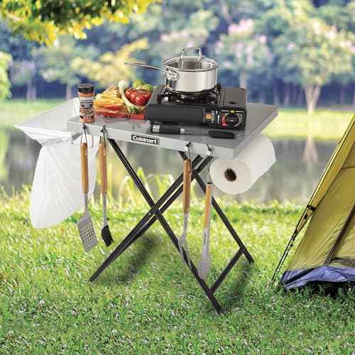 Cuisinart Fold ¡®n Go Prep Table, Portable Folding Table and Grill Stand with Tool hooks, Trash Bag Holder, Paper Towel Rack, 24¡± x 20¡± Steel Food Prep Station Perfect for BBQs, Tailgates and Camping
