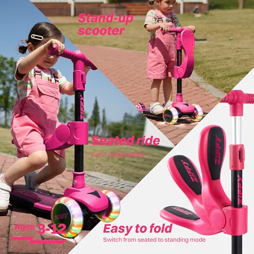 Kids 2-in-1 Foldable Light-Up 3-Wheel Scooter with Seat - Red, Adjustable Height