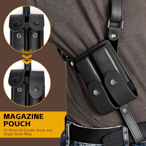 Universal Shoulder Holster for Men Adjustable Leather Gun Holster for Concealed Carry with Double Magazine Pouch Fits 1911, Glock 17/19/23, and Most Pistols (Right Hand Use)